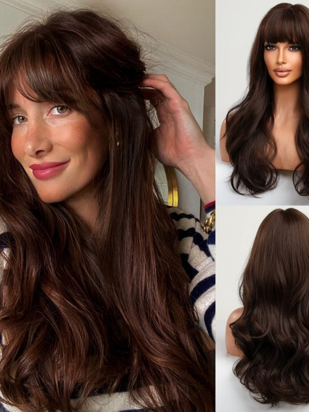 Long Brown Wig with Bangs Wave Curly Wigs for Women 26 inch Heat Resistant